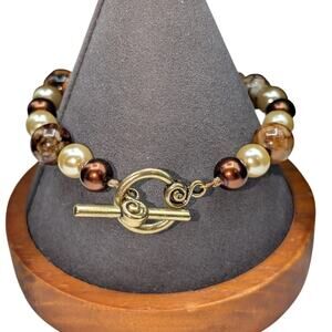 Gold Tone Faux Pearl Brown Stone Beaded Toggle Clasp Bracelet